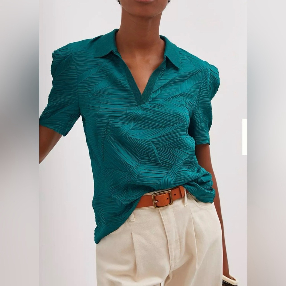 anthropologie Current Air Pleated Textured Polo Top – Emerald Teal